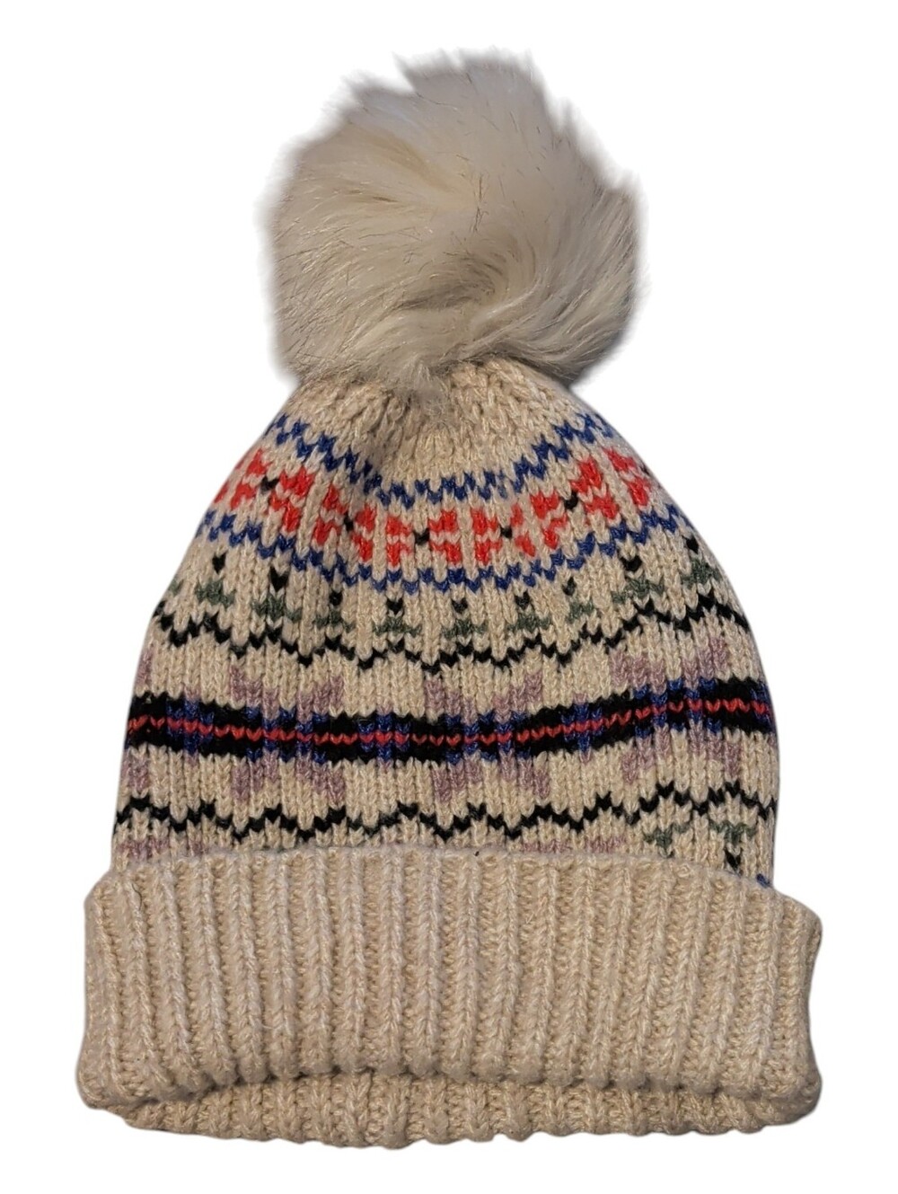 Old Navy Cream Pom-Pom Fair Isle Knit Beanie